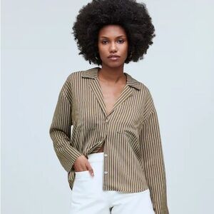 Madewell NWT Resort Long Sleeve Shirt Size XXS in Dark Olive Stripe